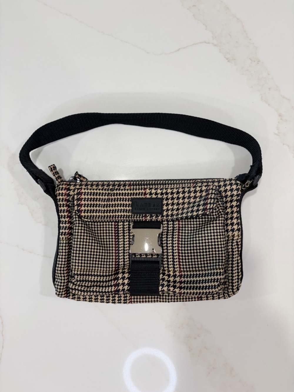 Ralph Lauren plaid shoulder bag with silver buckle pocket detail.